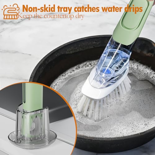 Dish Brush with Soap Dispenser Storage Set with 2 PCS Brush Refills & Holder, Dish Scrubber with Soap Dispenser, Dish Soap Brush, Dish Wand with Soap Dispenser for Dishes, Pans, Sink, Pots(Green) - color: Green