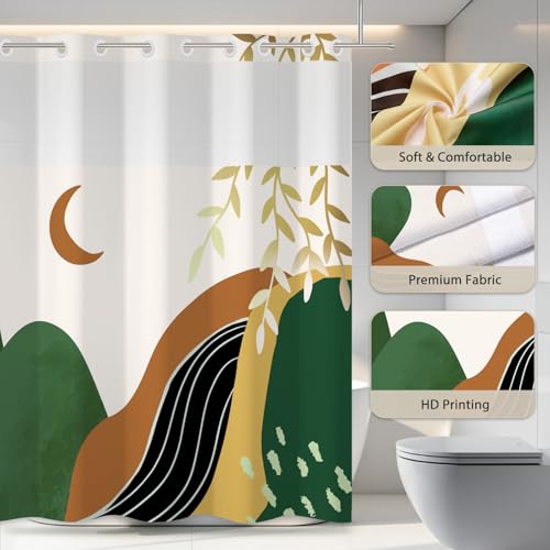 No Hook Shower Curtain Mid Century Boho with Snap in Liner, Hotel Grade Abstract Modern Shower Curtains Set for Bathroom, Spa Like Bath Curtain, Yellow, 71" W x 86" L - color: 01 Mid Century - Yellow, size: 71"W x 86"L (Pack of 1)