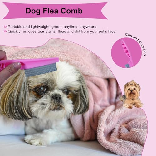 3 PCS Puppy Brush Grooming Kit, Stainless Steel Flea Comb, Fit for Yorkie, Shih Tzu, Maltipoo, Soft Bristle (Pink) - color: Pink
