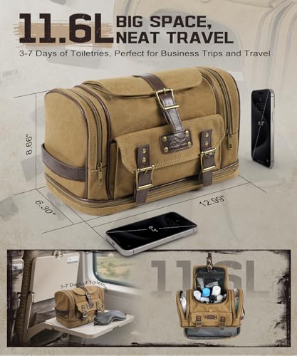 ARCFOX Travel Hanging Toiletry Bag for Men, Vintage Canvas Large Toiletry Bag with 7 Compartments, Camping Gym Travel Toiletry Kit Organizer with PVC Wet & Dry Pockets, Personalized Wash Bag, Brown - color: brown