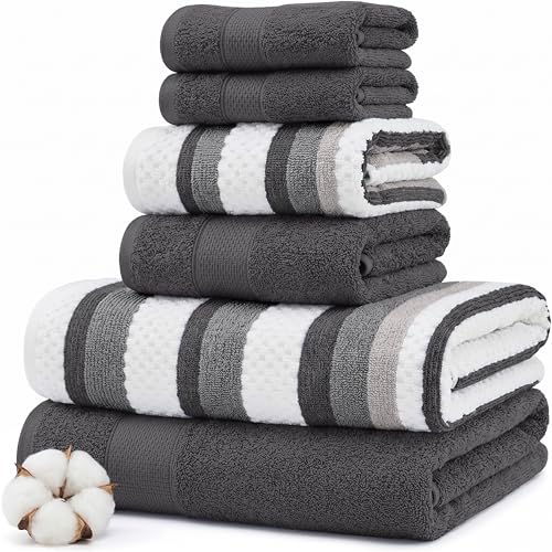 Modern Threads Pax 6-Piece Reversible Yarn Dyed Jacquard Towel Set - Bath Towels, Hand Towels, & Washcloths - Super Absorbent & Quick Dry - 100% Combed Cotton, Coal - color: Grey, style: Wide Stripe
