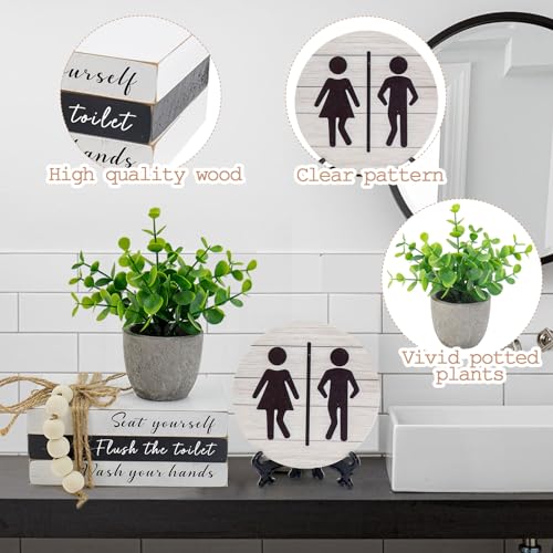 Bathroom Shelf Decor Signs, Book Stack and 3D Round Signs With Fake Plants, Funny Wooden Decor for Restroom Shelf Guest Bathroom (Flush the toilet) - color: Flush the toilet