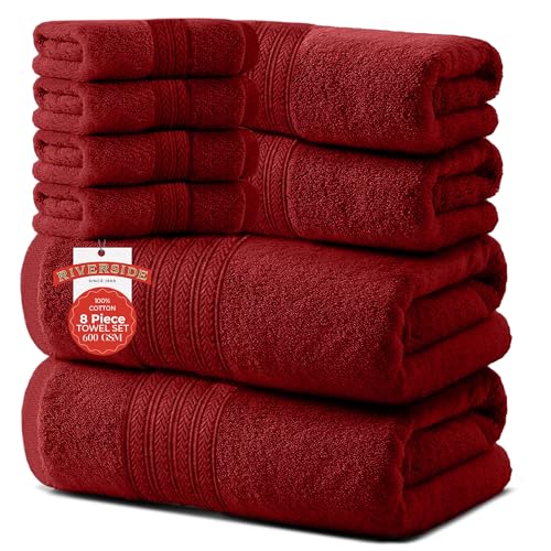 RIVERSIDE Pack of 8 Towels Set, 2 Large Bath, 2 Hand, 4 Face Washcloths, 100% Cotton Hotel Quality, Super Soft, Quick Dry, Highly Absorbent Perfect for Bathroom, Red - color: Red, size: Towel Set (PK 8)
