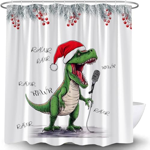 Christmas Shower Curtain Funny Dinosaur Singing Santa Hat Snowy Pine Tree Leaves Berry Cute Dino Xmas Winter Holiday Happy New Year Bath Curtain with Hooks, 70x70 Inch - size: 70"W x 70"L (Pack of 1)