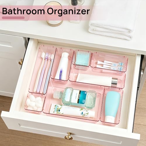 Vtopmart 25 PCS Plastic Drawer Organizers Set, 4-Size Versatile Bathroom and Vanity Drawer Organizer Trays, Storage Bins for Makeup, Bedroom, Kitchen Gadgets Utensils and Office - color: Clear Rose Glod