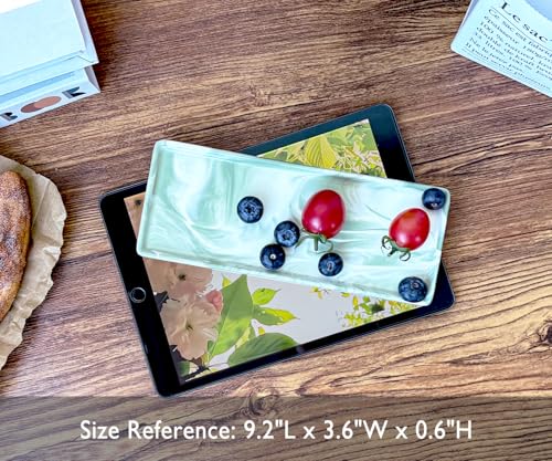 9.2" Porcelain Small Bathroom Narrow Tray - Green | Mini Ceramic Countertop & Vanity Tray for Cosmetics, Perfumes, Jewelry, Candles – Kitchen Soap Tray for Countertops - color: Green, size: 9.2" x 3.6" x 0.6"