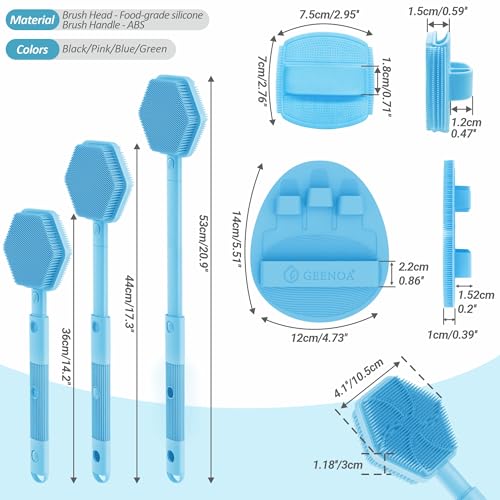 Silicone Back/Face Scrubber & Bath Glove Set 3PCS, Extendable Back Scrubber with Dual-Side Large Head, 360° Anti-Slip Bath Glove, Unique Side-Bristle Face Scrubber for All-Round Cleaning(Blue) - color: Blue*3