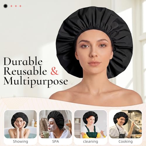 Extra Large Shower Cap for Women, Reusable Waterproof Shower Bonnet with Satin Lining, Double Layer Washable Bath Hair Cap for Braids, Locs, Long Thick Curly Hair, Natural Hair(Big Black) - color: Black