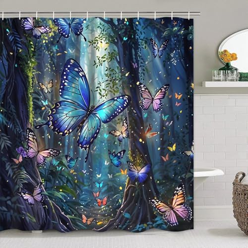DDQQ 4 Pcs Blue Butterfly Shower Curtain Set with Non-Slip Rug, Green Plant Colorful Butterflies Bath Mat and Toilet Rugs, Forest Shower Curtain for Bathroom Set Decor - color: Dark Blue