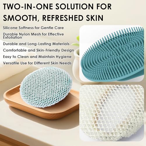African Net Exfoliating Sponge Case with Silicone Body Brush, Dark Green | 2in1 Quick-Dry Bath Mesh Washcloth Shower Scrubber, Massaging, Cleansing, Skin Smoother, INNERNEED - color: Darkgreen