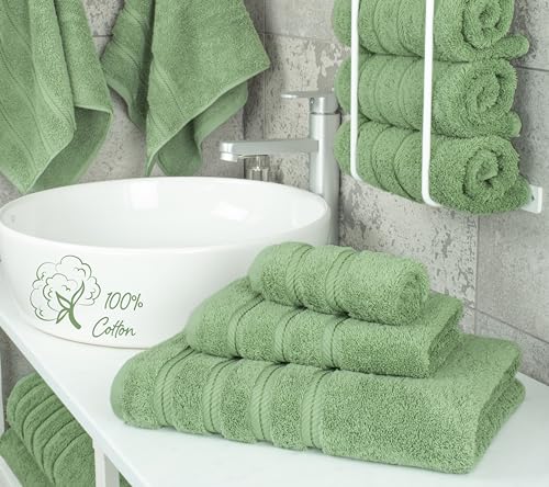 American Soft Linen 100% Cotton Luxury Turkish Towels, 3 Piece Towel Set | Soft Absorbent Quick Dry OEKO Tex Standard 100 Certificated Durable Machine Washable Breathable Premium Hotel Quality - color: Sage Green, size: 3PC (BT + HT + WC)
