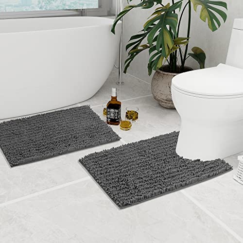Walensee Bathroom Rug 2 Pieces Set Non Slip Bath Mat (20"x32" Plus 20"x24" U Grey/Gray) Water Absorbent Super Soft Shaggy Chenille Machine Washable Dry Extra Thick Perfect Carpet for Shower Floor - color: Grey, size: 20"x32" plus 20"x24" U