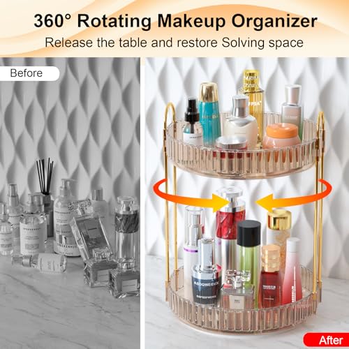 GTI 360°Rotating Makeup Organizer, 2 Tier Bathroom Counter Organizer,Large Capacity Perfume Cosmetics Skincare Vanity Organizers, Dresser Spinning Countertop Organizer and Storage for Women (Gold) - color: Gold