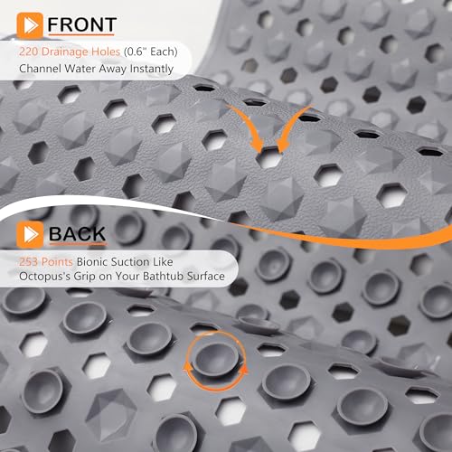 Yimobra Bath Tub Mat Non Slip, 34.5"X15.5" Long Shower Mat, Machine Washable Bathmat with Drain Holes and Suction Cups, Soft on Feet, Bathroom Essentials, Grey - color: Grey, size: 34.5 X 15.5 Inch