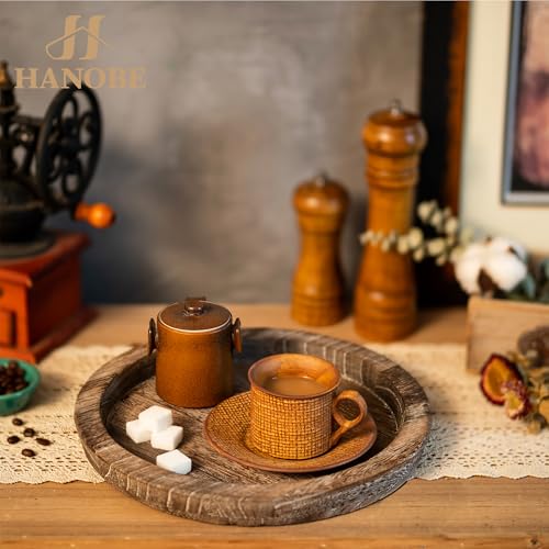 Hanobe Rustic Wooden Serving Tray: Set of 2 Round Wood Butler Decorative Tray Vintage Centerpiece Candle Holder Trays Farmhouse Ottoman Tray for Kitchen Countertop Home Decor for Coffee Table - color: Brown-2pc