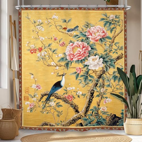 Vintage Flower Peony Shower Curtain 60Wx72L Inch Chinese Blossom Asia Yellow Botanical Plant Bathroom Set Accessories Decor with 12 Pack Hooks - color: Yellow Vintage Bird, size: 60"W x 72"L (Pack of 1)
