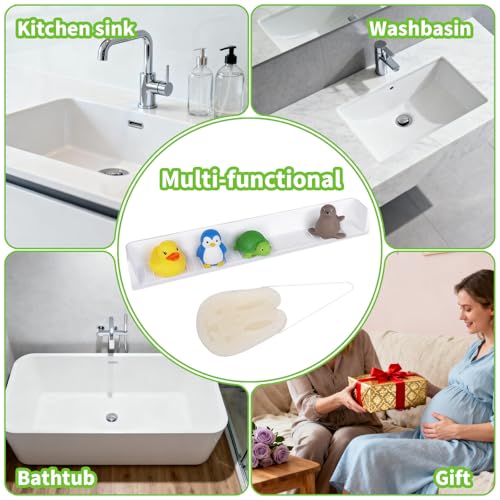 Bathtub Splash Guard for Tub Kids, 31 Inch White Bath Play Shelf, Longer Silicone Bathtub Guard Play with 11 Suction Cups, Toy Tray Caddy Holder for Tub,Water Leak & Splash-Proof, with 1pc Bath Sponge