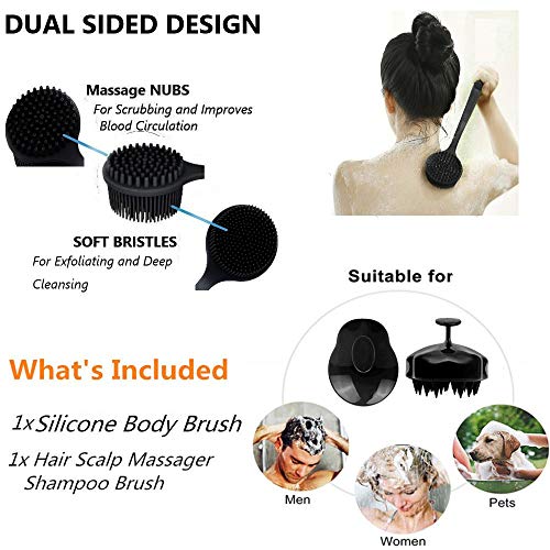 Silicone Body Scrubber & Scalp Massager, Long Handle Shower Brush, Exfoliating Scrubber for Men, Women & Kids - color: Black