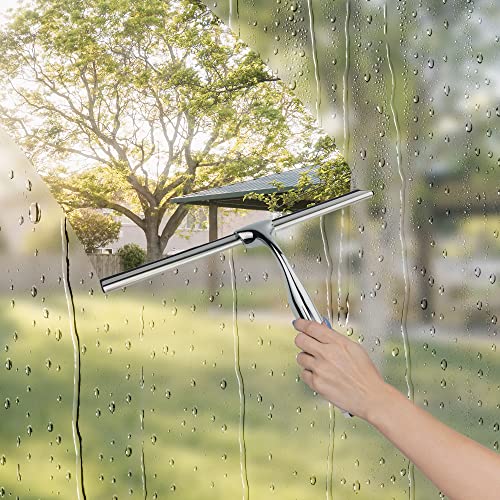 Squeegee for Shower Glass Door with Holder, 10" Silicone Blade, Stainless Steel Chrome Handle, for Kitchen Window, Bathroom Mirror & Car Glass Cleaning by Fab Glass and Mirror - color: Chrome