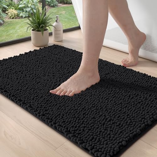 DEXI Bathroom Rugs 24x16, Super Soft Thick Chenille Absorbent Bath Mat, Non Slip Machine Washable Fluffy Shag Bathmat for Tub, Shower Floor, Black - color: Black, size: 24" X 16" (Rectangular)