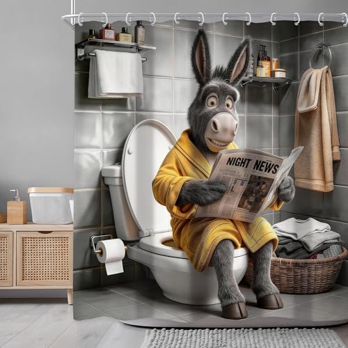 Newsely Funny Donkey Shower Curtain 72Wx72L Inch Grey Animal Masculine Wildlife Sitting On The Toilet Reading Newspaper Bathroom Set Modern Kids Boys Waterproof Bath Decoration Accessories Home Decor - color: R-donkey, size: 72"W x 72"L (Pack of 1)