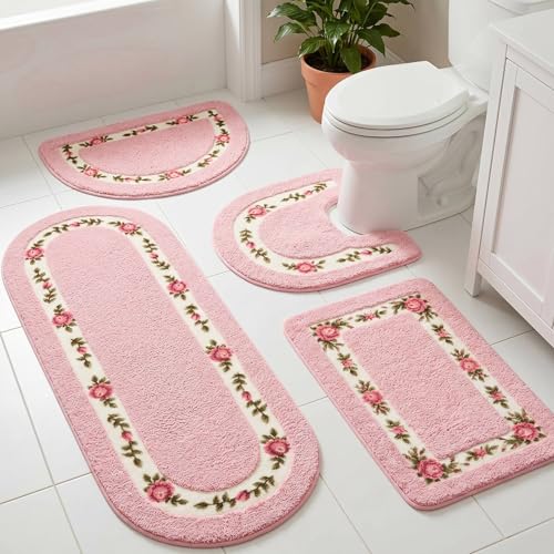 Timgle 4 Pcs Rose Flowers Coquette Bathroom Rugs Set Coquette Doom Decor Rose Flower Area Rugs Non Slip Absorbent Washable Door Mat Floral Bathroom Carpet for Home Hotel, 4 Shapes(Pink) - color: Pink