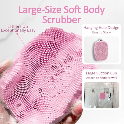 Soft Silicone Body Scrubber, Gentle Like a Hand Exfoliating Your Skin and Build Up Lather Easily, Back Large Suction Cup Easy to Store, Long-Lasting & Deep Clean (Pink) - color: Pink