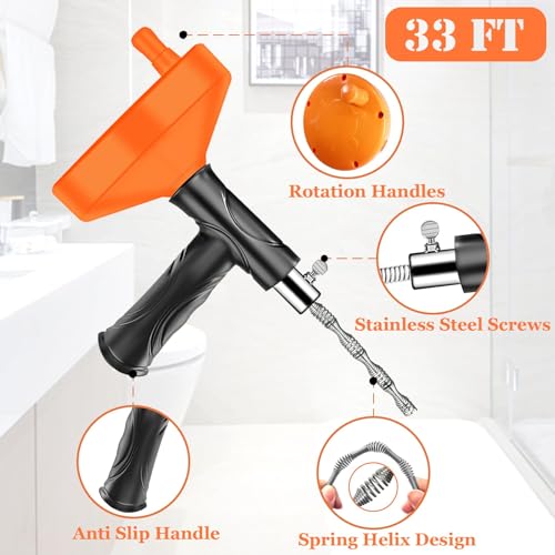 Drain Snake Auger, Plumbing Snake Drain Hair Clog Removal Tool, Sink Unclogger Drain, Heavy Duty Drum Auger, Cleaner Tool for Bathroom Kitchen Tub Shower Drain Clog Remover with Gloves (33 Feet)