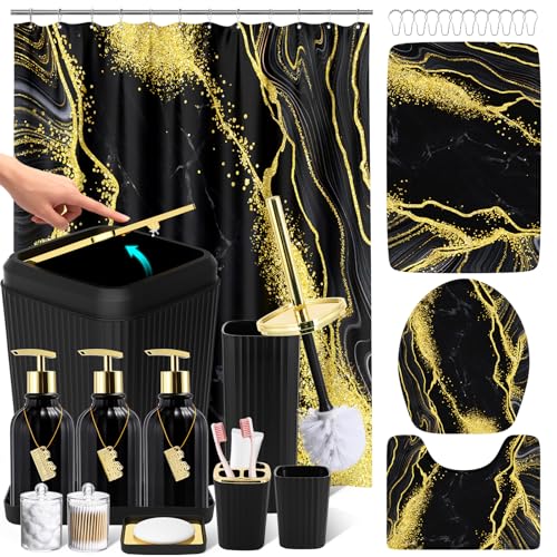 21PCS Bathroom Sets with Shower Curtain and Rugs Bathroom Accessories Set Black Bathroom Set Complete with Trash Can, Toilet Brush, Qtip Holder & 3PCS Soap Dispenser - size: Bath Set+Marble Shower Curtain+Rugs, style: Black