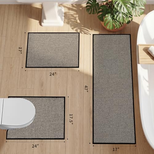 YIHOUSE Thin Bath Mat Black Bathroom Rugs Sets 3 Pieces, Non Slip Absorbent Bath Mats Quick Dry, Woven Braided Rugs Washable,Tapetes para Baño for Bathroom,Bathtub(17.5"x24"U+17"x24"+17"x47") - color: Black, size: 3Pieces(17.5"x24"U+17"x24"+17"x47")