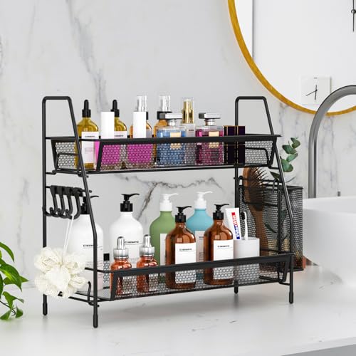 VITVITI 2-Tier Bathroom Organizer Countertop, Metal Wire Mesh Bathroom Counter Organizer Storage with Basket Hooks, Vanity Tray Shelf, Kitchen Spice Rack, Black - color: 2 Tier Large Black