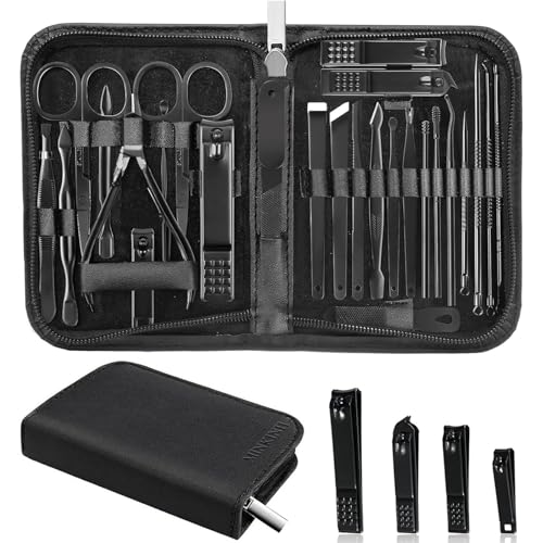 MINKINH Manicure Set Professional Nail Clipper Kit-26 Pieces Stainless Steel Manicure Kit,Nail Care Tools with Luxurious Travel Case Nail Grooming Kit Present for Men Husband Boyfriend Parent (Black) - color: Black