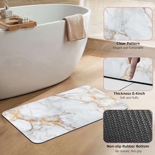 Diatomaceous Earth Bath Mat,White Marble Bath Rugs,Gold Veins Non-Slip Thin Absorbent Fast Drying Easy to Clean for Bathroom Laundry Home Kitchen Door Mat 17x29.5Inch - color: White Marble,gold Veins