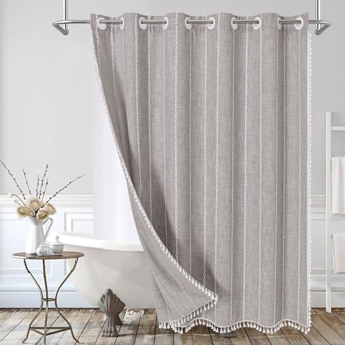 MitoVilla No Hooks Required Boho Farmhouse Shower Curtain with Snap-in Liner, Cotton Linen Fabric Shower Curtains with Tassels for Rustic Neutral Bathroom Decor, Grey Taupe, 72 x 74 - color: Grey
