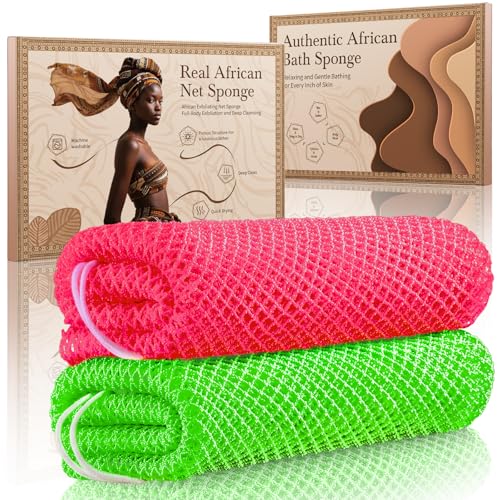 African Net Sponge Authentic 2 Pieces Gentle Exfoliating Body Scrubber Bath Sponges for All Skin Types, African Exfoliating Net Sponge with Handles Washcloth Loofah Bathing Accessories for Shower - style: Light Green, Light Pink