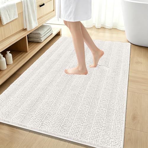 OLANLY Thick Large Bathroom Rugs 59x35, Extra Soft Absorbent Chenille Striped Bath Rugs, Rubber Backing, Machine Wash Dry, Bath Mats for Bathroom Floor, Tub and Shower, Home Decor Accessories, Ivory - color: Ivory, size: 59" X 35"