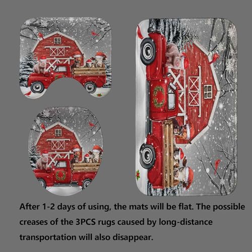 4PCS Christmas Shower Curtain Sets with Rugs, Waterproof Fabric Shower Curtain, Funny Farm Animal Pig Donkey Cow Sheep Cardinal Red Truck Barn Xmas Tree Snowflake Holiday Winter Bathroom Decor - color: Funny Farm Animals