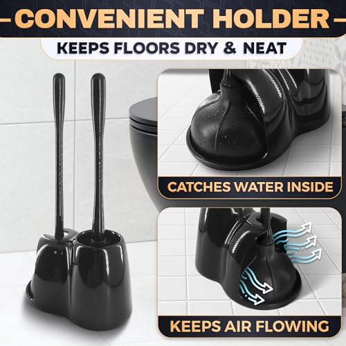 2-in-1 Black Toilet Brush and Plunger Set with Holder – Compact Bathroom Cleaning Combo, Strong Rubber Plunger & Stiff Bristle Brush, Space-Saving Stand, Fits Most Standard Toilets, 9.3×6.3×15.2 inch - color: Black