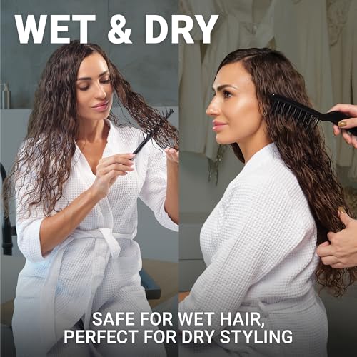 Janeke J-Brush Detangling Comb for Curly and Wavy Hair – Wide Tooth J-Shape Brush for Wet and Dry Use – Anti-Frizz, Lightweight and Gentle on Scalp – Made in Italy Professional Styling Tool (Black) - color: Black/JBrush