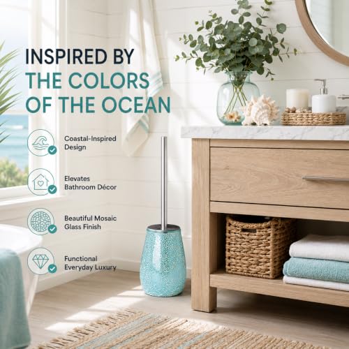 Escenzy Turquoise Green Toilet Brush and Holder Set – Handcrafted Mosaic Glass Holder, 304 Rust-Resistant Stainless Steel Toilet Bowl Brush – Decorative Luxury Bathroom Accessory - color: Turquoise