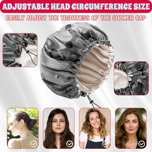 Luxury Shower Cap Satin Lined Reusable Waterproof Double Layer Elastic Adjustable Hair Bath Cap Cute Aesthetic Women Girls-Black Flower - color: F19-Black Flower