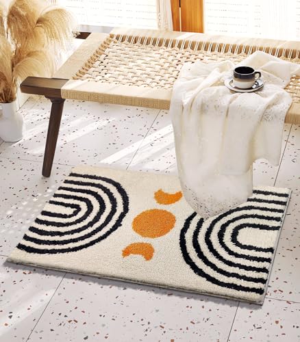 Boho Bathroom Rugs Cute Bohemian Bath Rug Non-Slip Microfiber Abstract Bath Mat for Bedroom Small Carpet Farmhouse Decor Soft Funny Beige Washable Rugs for Bathtub/Vanity/Toilet 16x24 inch - color: Beige, size: 1'4" x 2' (Rectangular)