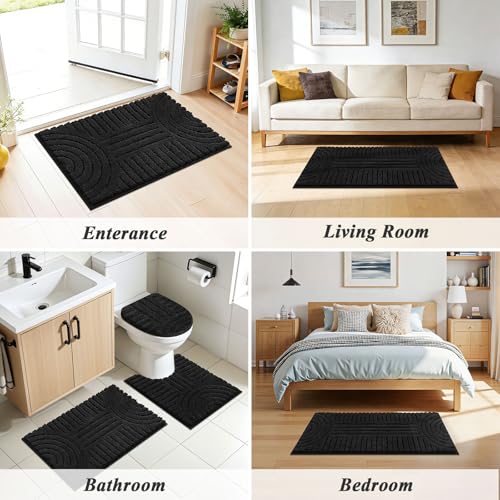 SHACOS Bathroom Rugs Sets 5 Piece Ultra Soft Absorbent Microfiber | Bath Mat with Bath Runner, U Shape Contour Rug, Toilet Lid Cover, Non Slip Machine Washable Carpet for Bedroom, Black - color: Black