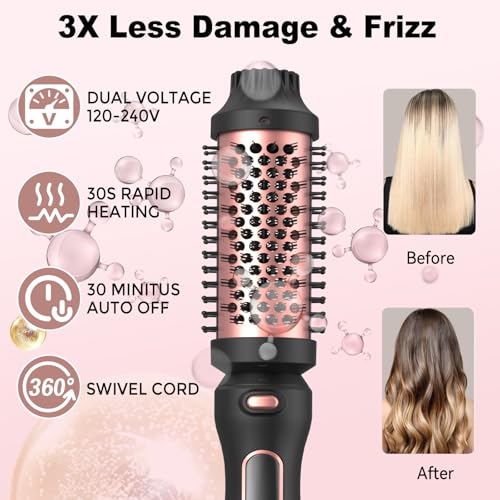 Thermal Brush Set 3-in-1 Curling Iron Brush Set, Dual Voltage 110-220V Thermal Hair Brush with 11 Temp Settings, 3 Interchangeable Travel Curling Irons (1.25“, 1.5”, & 1.75" Barrels) (Black) - color: Black