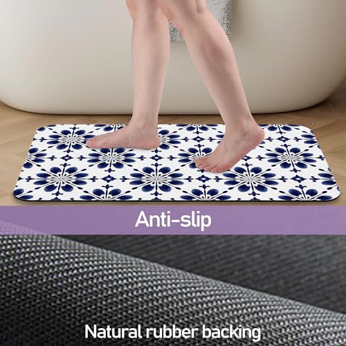 Navy Blue Geometric Bathroom Mat, Non Slip Rubber Backed Fast Dry Bath Rug, Thin Bath Mat for Bathroom Kitchen 17"x30" - color: Navy Blue Geometric