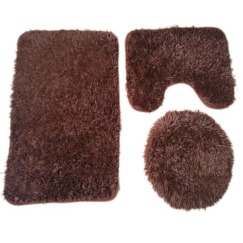 Soft Bathroom Carpet 3 Piece Bathroom Rugs and Mats Set Bath Mats Set with U-Shaped Toilet Floor Mat Rugs andToilet Lid Cover Mat (Brown) - color: Brown