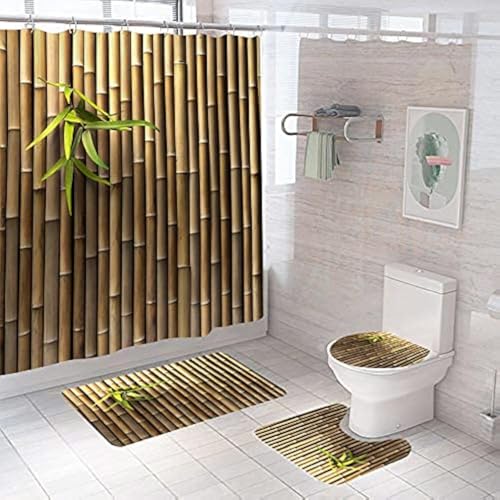 4Pcs Bamboo Shower Curtain Set with Non-Slip Rugs and Toilet Lid Cover Nature Plant 3D Printed Fabric Shower Curtain Bathroom Decor with Hooks Waterproof Washable 72"x72" Brown Green - color: Green Bamboo