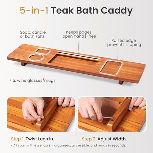 Teak Bathtub Tray for Freestanding Tubs - 35" Heavy-Duty Luxury Bath Caddy, Non-Slip Zero-Wobble Design, Water-Resistant Spa Organizer with Wine Glass & Phone Holder - color: Natural Teak, size: 35 Inch
