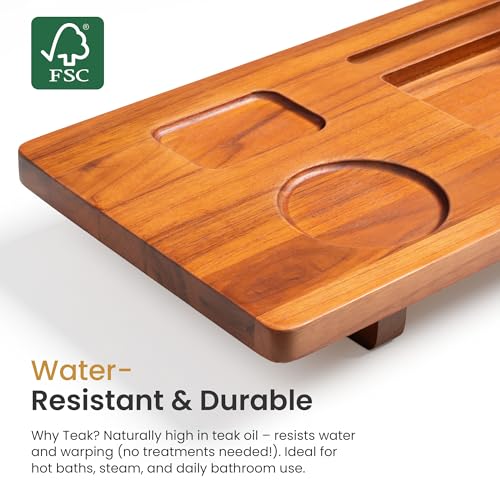 Teak Bathtub Tray for Freestanding Bath, 39" Extra Thick Adjustable Spa Caddy - Non-Slip Anti-Tip Wood Organizer for iPad, Wine & Book - Artisan Natural Finish, Perfect Self-Care Gift - color: Natural Teak, size: 39 Inch