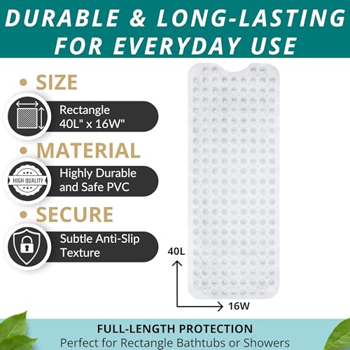 ENKOSI Bath Mat – 40 x 16 Inch Extra Long Non Slip Bathtub Mat – Anti Slip Clear Shower Mat with Suction Cups and Drain Holes – Bathroom Mat for Bath Tub and Smooth Shower Floors (40x16 Clear) - color: Clear